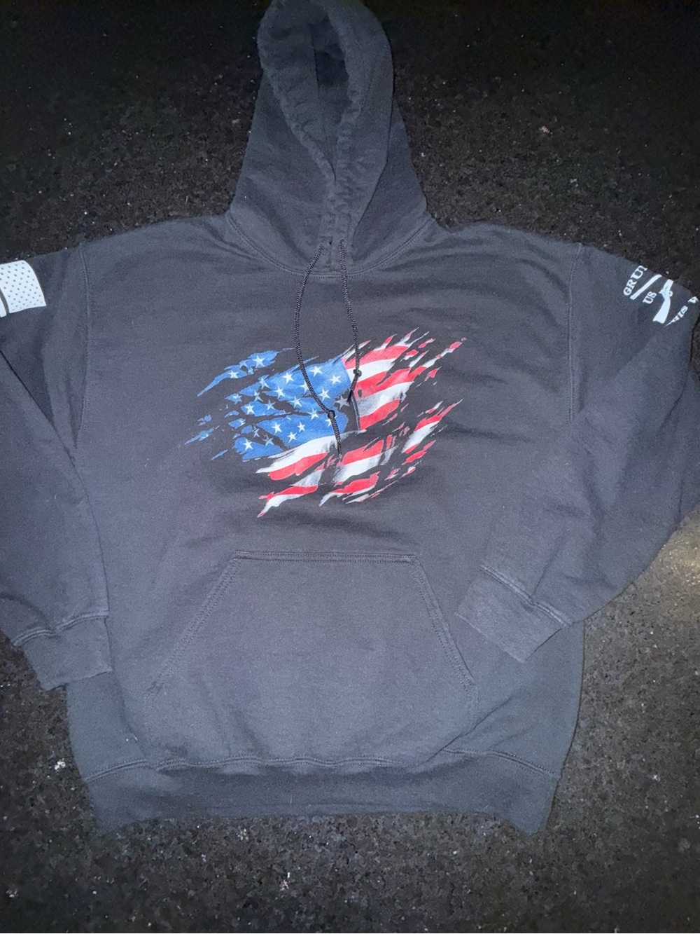 UEC Grunt Style Black Hoodie Distressed American Flag Graphic POCKET POUCH SZ L